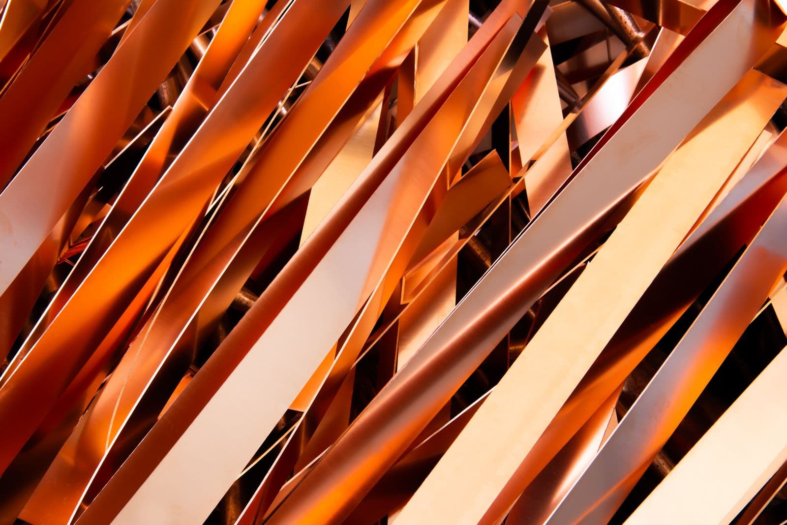 Close-up of intertwined metallic strips for recycling